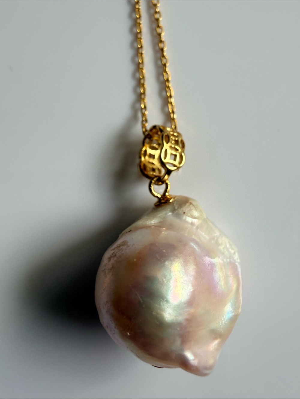 Gold Pearl Drop Necklace - Iridescent White Baroque Pearl Pendant
